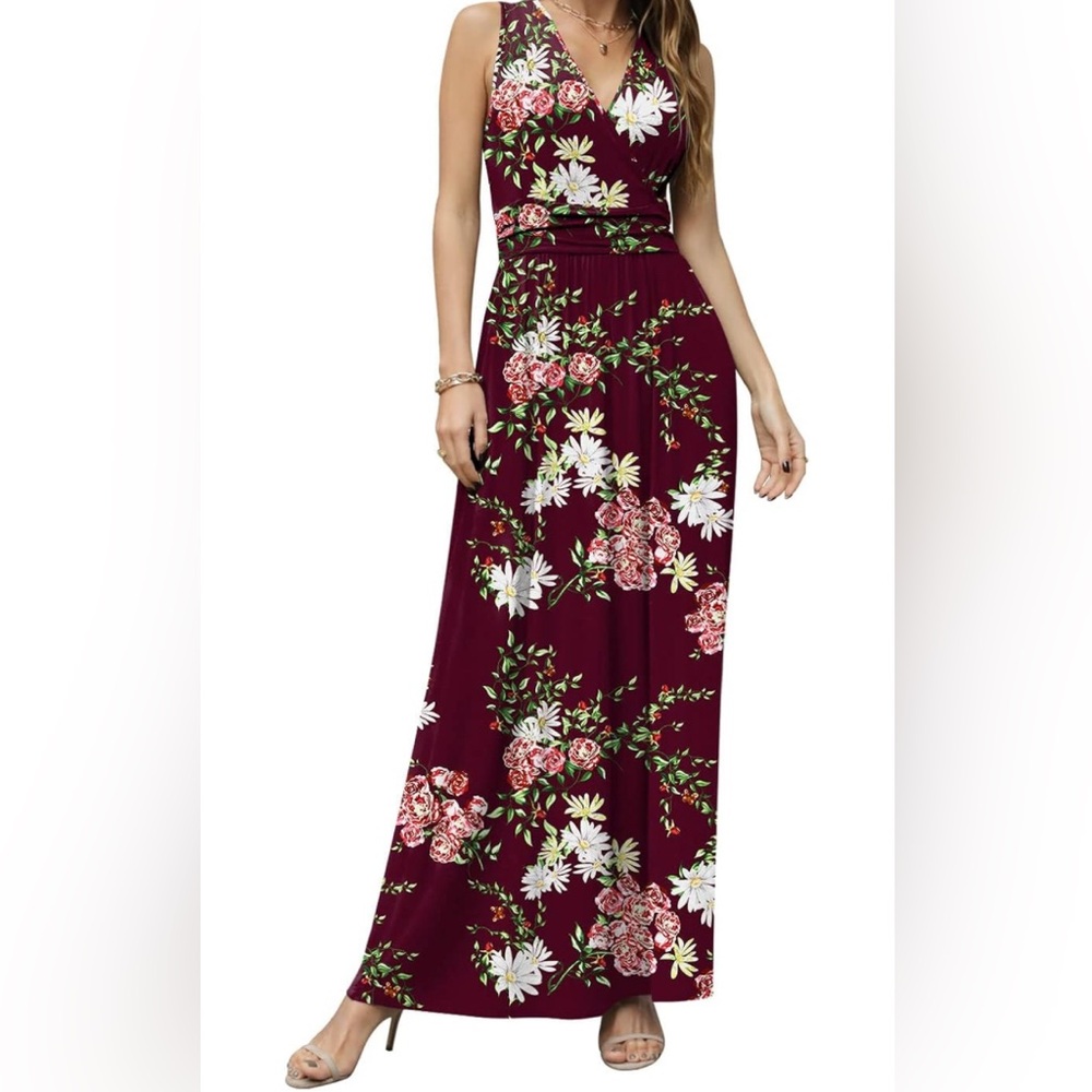 Floral Maxi Dress with Pockets- Burgundy with White and Pink Flowers Size XL